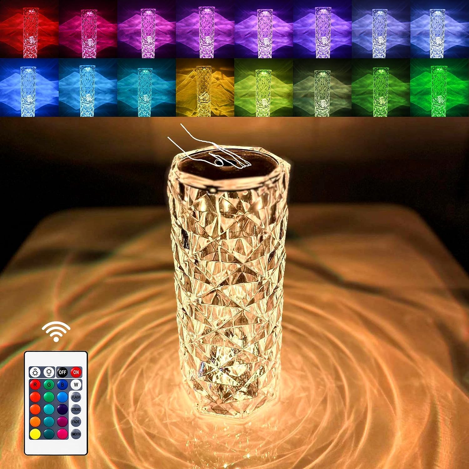 Crystal Lamp, Color Changing Rose Crystal Diamond Table Lamp, USB Rechargeable Touch Bedside Lamp Night Light with Remote Control