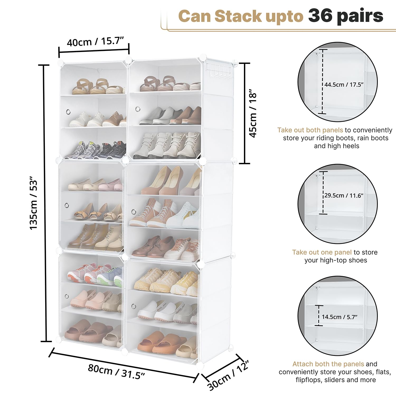 12 Pair DIY Shoe Rack for Home with Door & Hanger - Portable Shoe Stand - 3 Cube Expandable Shelves - Shoe Cabinet for Balcony, Men, Women,Heels,Boots,Loafers, Sneakers,Slippers