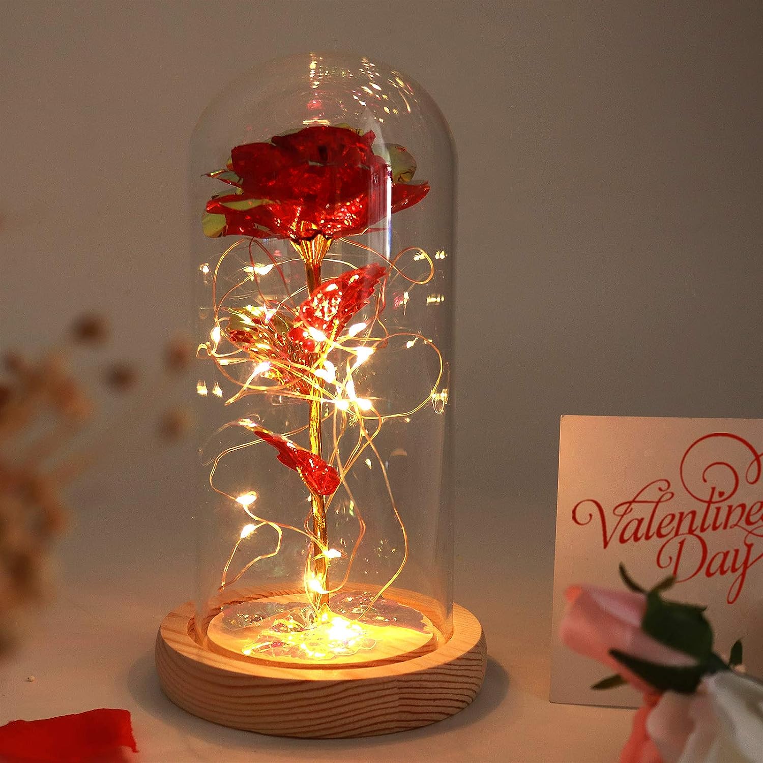 Colorful Artificial Flower Rose Gift, Colorful Red Rose Flower with Led Light String,Lasts Forever in A Glass Dome