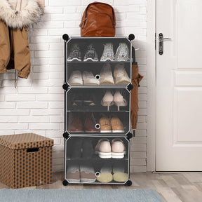 12 Pair DIY Shoe Rack for Home with Door & Hanger - Portable Shoe Stand - 3 Cube Expandable Shelves - Shoe Cabinet for Balcony, Men, Women,Heels,Boots,Loafers, Sneakers,Slippers