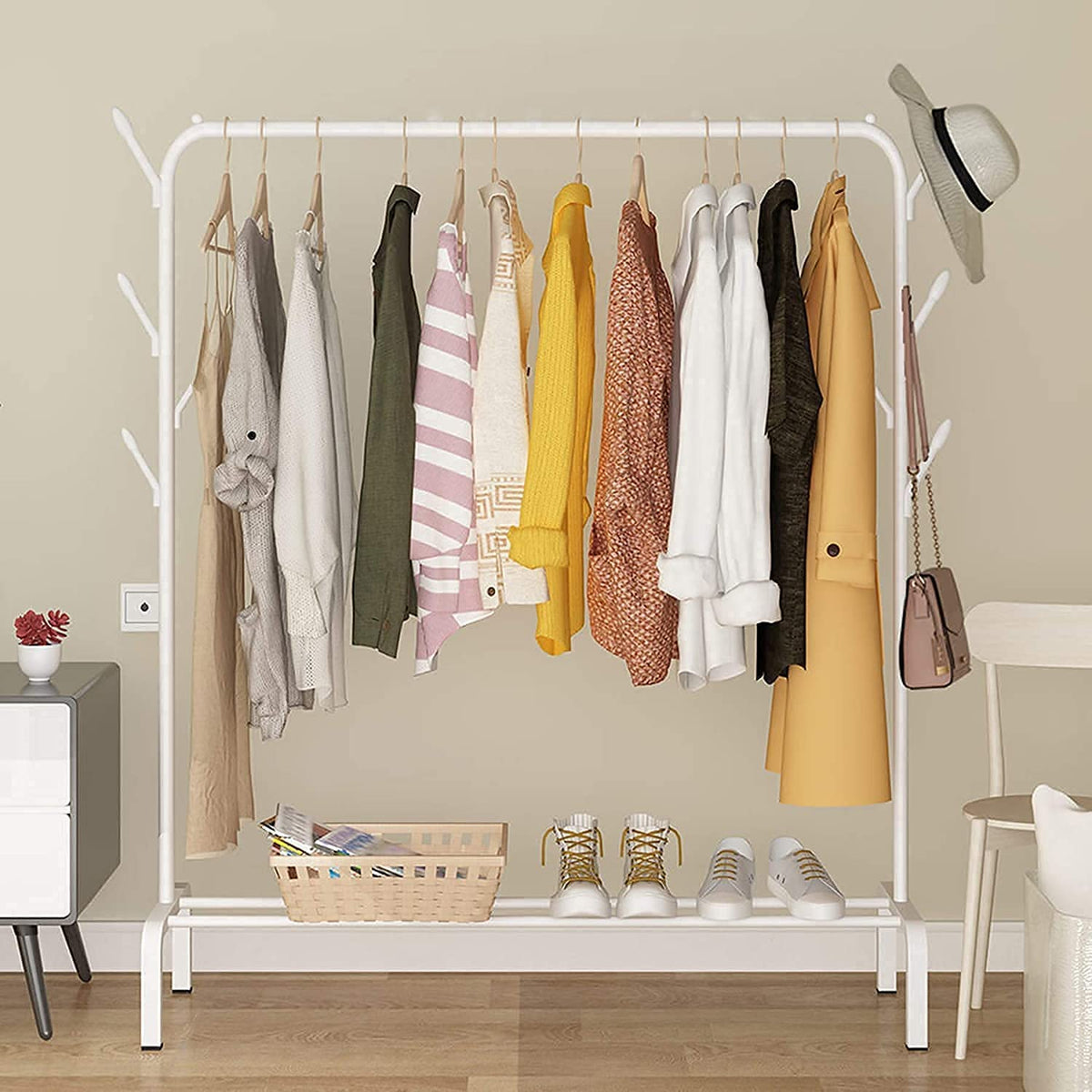 Metal Multifunctional Garment Stand Cloth Rack Freestanding Storage Organizer with Bottom Shelves White