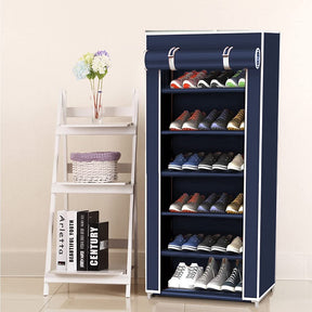 6 Layer Navy Multi Utility Collapsible Shoe Rack With Cover Metal Collapsible Shoe Stand