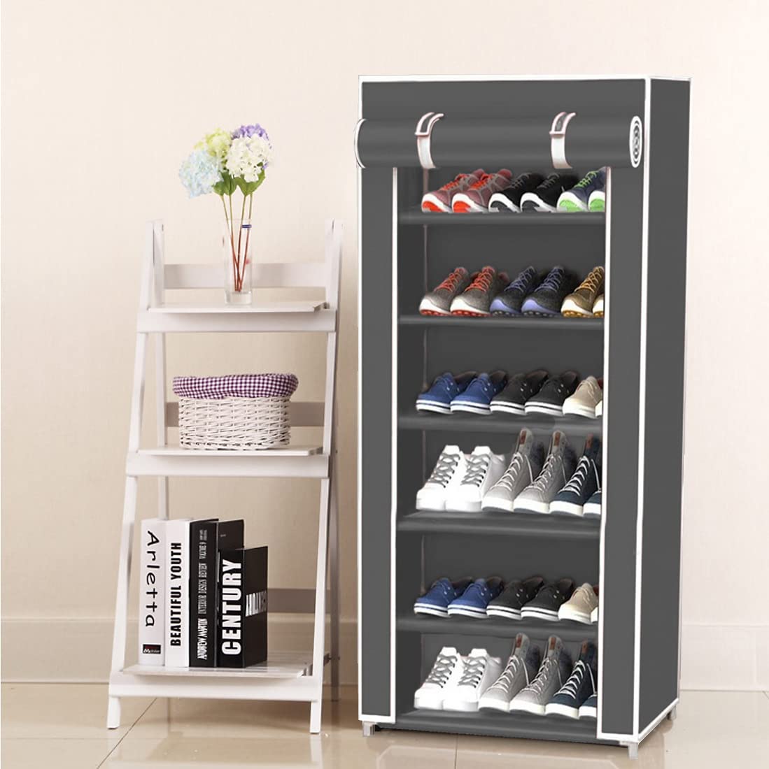 6 Layer Gray Multi Utility Collapsible Shoe Rack With Cover Metal Collapsible Shoe Stand