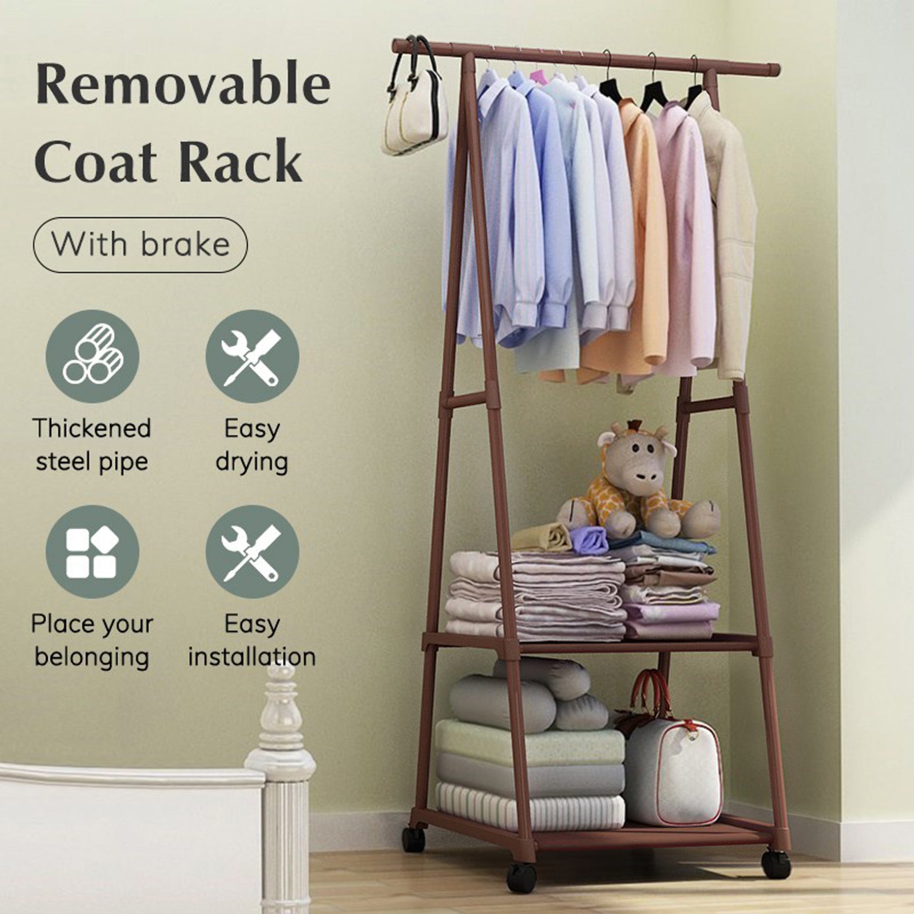 Light Weight Bearing Clothing Rack, Rolling Garment Rack for Hanging Clothes, Stand Coat Racks